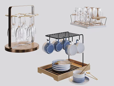 Tableware Set with Wine Glass Holder Mug Rack Bowls and Wooden Tray for Kitchen 3d model
