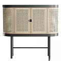 Modern Display Cabinet Shelf With Rattan Panel Wooden Frame And Black Metal Legs