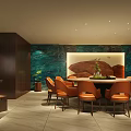 Elegant Private Room Interior With Circular Ceiling Chandelier Round Table And Orange Chairs