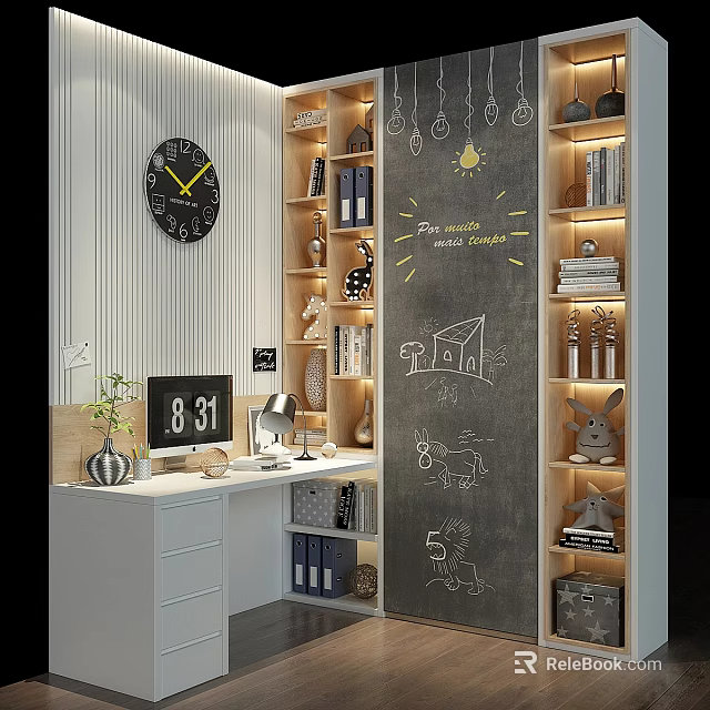 Modern Multi Tiered Bookshelf With Decorative Figurines Books And Built In Lighting 3d model 