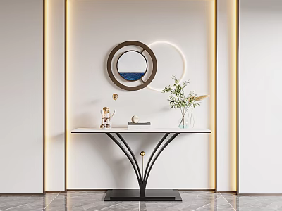 Modern Entryway Console Table With Round Mirror Green Plants And Marble Top Gold Accents 3d model