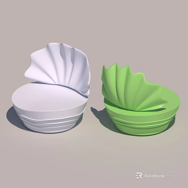 Set Of Stacked White And Green Shell Shaped Bowls On Gray Surface 3d model 
