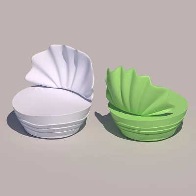 Set Of Stacked White And Green Shell Shaped Bowls On Gray Surface 3d model
