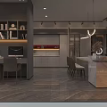 Modern Showroom Interior With Marble Countertop Brown Chairs Colorful Panels And Track Lighting