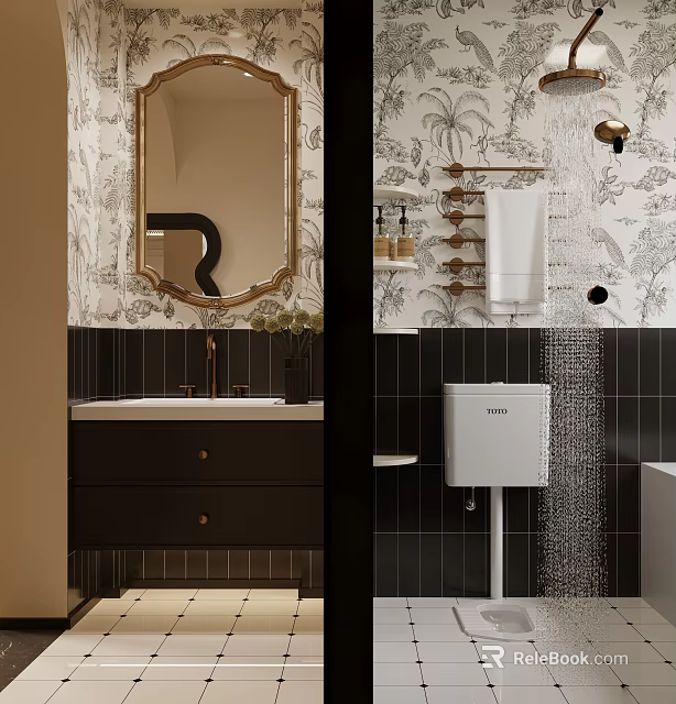 Vintage Bathroom Interior With Patterned Wallpaper Gold Framed Mirror Black Tiles And Vanity 3d model 