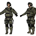 Two Game Movie Military Characters In Camouflage Uniform With Tactical Gear And Helmet Standing