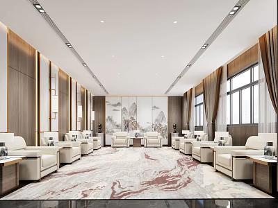 Elegant Hotel Public Lounge Interior With Comfortable Sofas Decorative Carpet And Wall Art 3d model