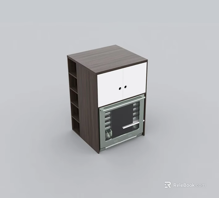 Modern Commercial Equipment With Brown And White Cabinet Upper Doors Lower Glass Door And Shelves 3d model 