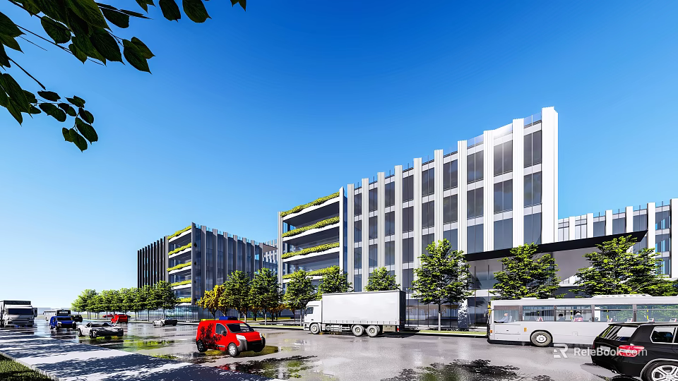 Modern Industrial Park With Modern Buildings Greenery And Vehicles On Roads Under Blue Sky 3d model 