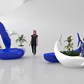 Modern Public Chair Design In Blue And White With Potted Plants For Seating