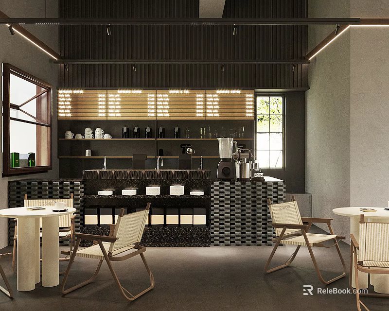 Modern Cafe Interior Design With Black Tiled Counter Coffee Machine Tables And Wooden Chairs 3d model 