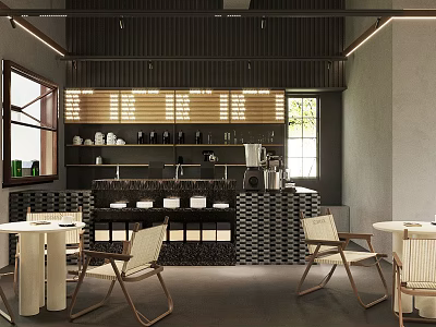 Modern Cafe Interior Design With Black Tiled Counter Coffee Machine Tables And Wooden Chairs 3d model