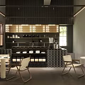 Modern Cafe Interior Design With Black Tiled Counter Coffee Machine Tables And Wooden Chairs