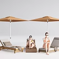 Outdoor Lounge Chairs With Umbrellas And People Relaxing In Comfortable Patio Setting