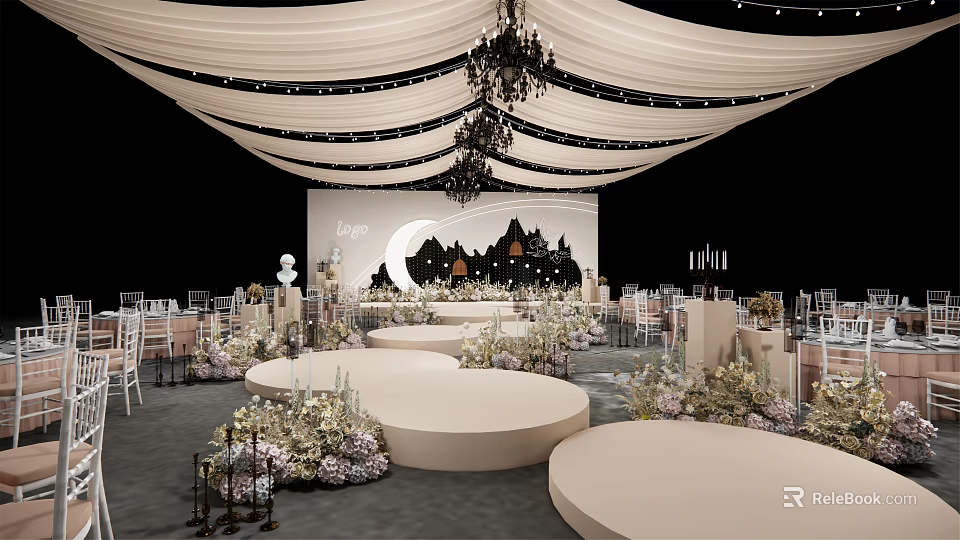 Elegant Banquet Hall With White Drapes Chandeliers Stage Moon Silhouette And Floral Decor 3d model 