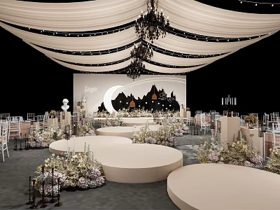 Elegant Banquet Hall With White Drapes Chandeliers Stage Moon Silhouette And Floral Decor 3d model