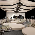 Elegant Banquet Hall With White Drapes Chandeliers Stage Moon Silhouette And Floral Decor