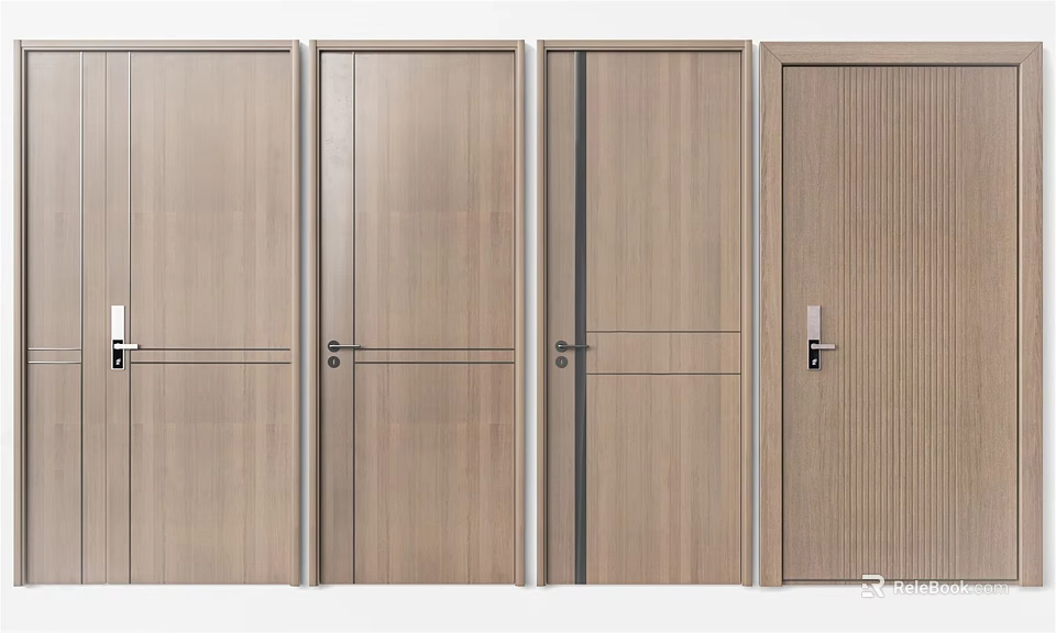 Modern Flush Doors In Various Styles With Wooden Finish And Sleek Handles 3d model 