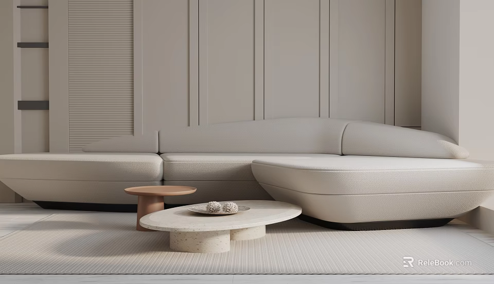 Modern Light Beige Three Seater Sofa With Round Coffee Table And Vertical Striped Wall 3d model