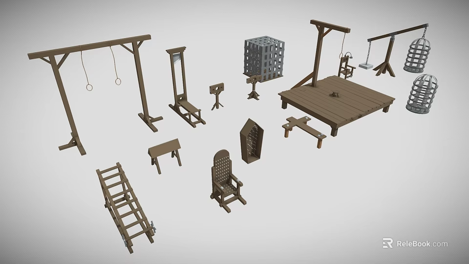 Ancient Style Hardware Tools 3D Models Including Wooden Frames Gallows Shackles Chairs and Planks 3d model 