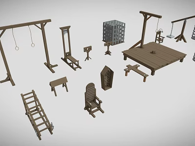 Ancient Style Hardware Tools 3D Models Including Wooden Frames Gallows Shackles Chairs and Planks 3d model