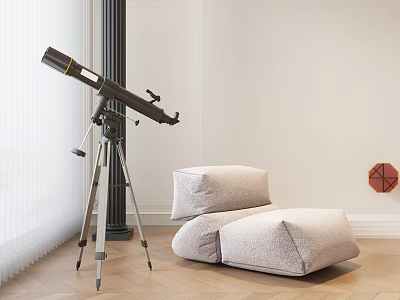 Single Sofa in Room with Telescope on Tripod White Wall Wooden Floor Red Decoration 3d model