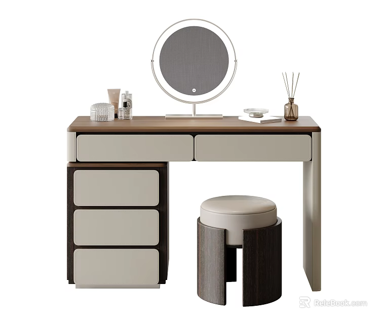 Modern Two-Tone Vanity Table with Round Mirror Storage Drawers and Matching Stool 3d model