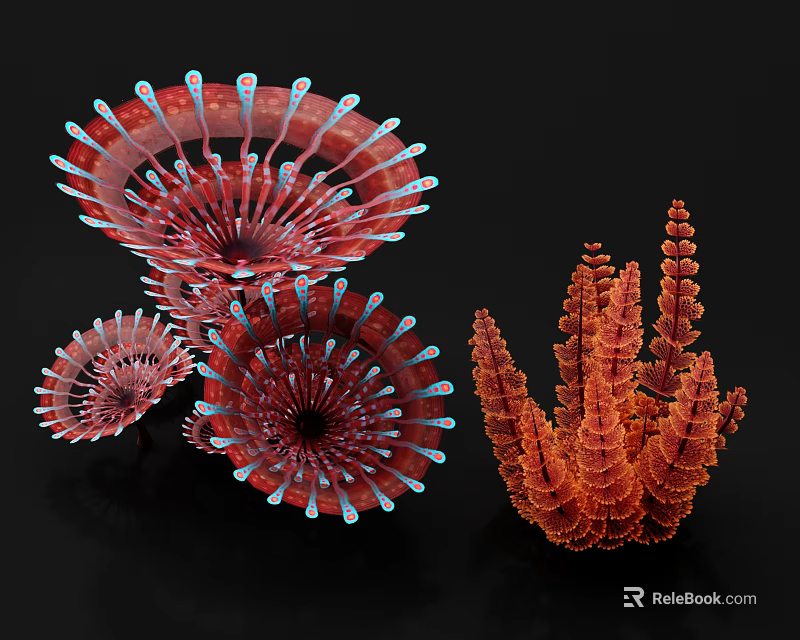 Vibrant Flower Structures Featuring Red Spiral and Orange Coral Like Patterns 3d model 
