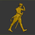 Golden Human Statue With Top Hat Decorated Coat Holding Cane On Black Background With Reflection