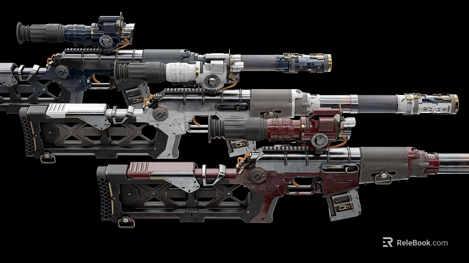 Futuristic Sci Fi Firearms With Mechanical Details And Varied Color Designs 3d model 