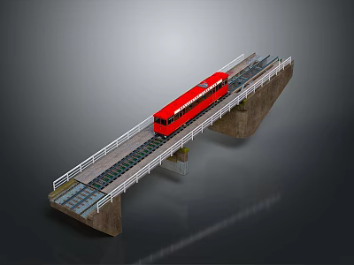 Red Train Traveling On Railway Bridge With Track And Safety Railings 3d model