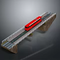 Red Train Traveling On Railway Bridge With Track And Safety Railings