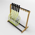 Durable Wooden Badminton Racket Storage Stand With Five Yellow White Rackets And Black Handles