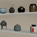 Stylish Ceramic Vessels Displayed on White Shelves with Various Colors and Decorative Details