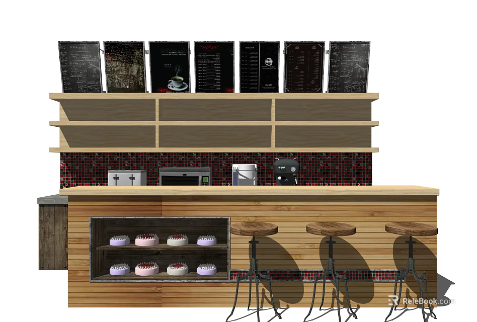 Modern Coffee Shop Bar Counter With Wooden Stools Cake Display Shelves And Brick Wall 3d model 
