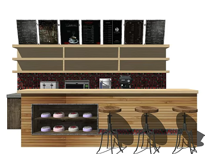 Modern Coffee Shop Bar Counter With Wooden Stools Cake Display Shelves And Brick Wall 3d model