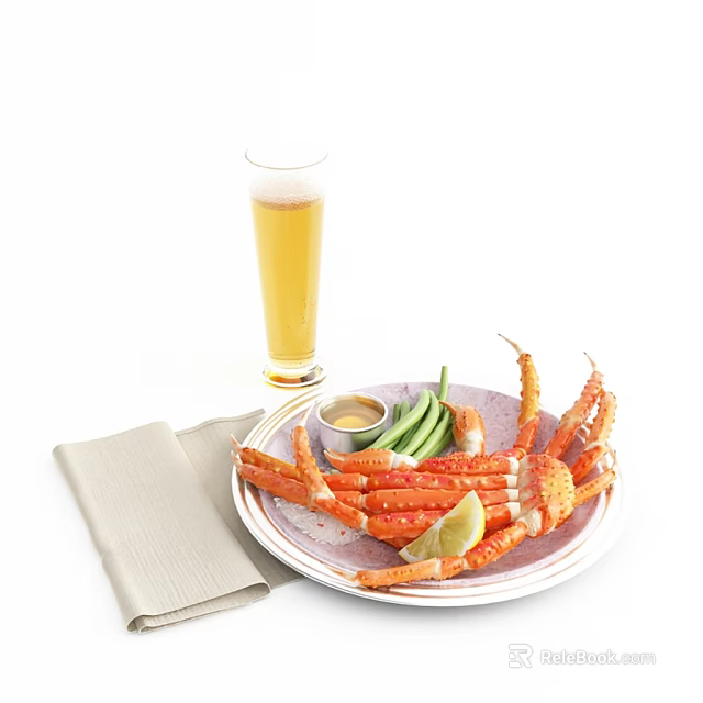 Fresh Steamed Crab Legs Served With Green Beans Lemon Slice Dip Sauce And Beer 3d model 
