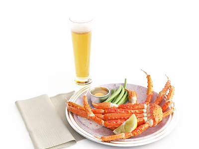 Fresh Steamed Crab Legs Served With Green Beans Lemon Slice Dip Sauce And Beer 3d model