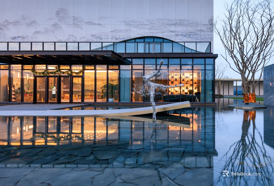 Modern Sales Office Building With Glass Curtain Wall Water Pool Sculpture And Reflection 3d model 
