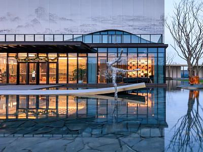 Modern Sales Office Building With Glass Curtain Wall Water Pool Sculpture And Reflection 3d model