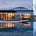 Modern Sales Office Building With Glass Curtain Wall Water Pool Sculpture And Reflection
