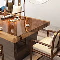 Traditional Solid Wood Tea Table and Chairs with Beige Cushions City View and Decorative Plants