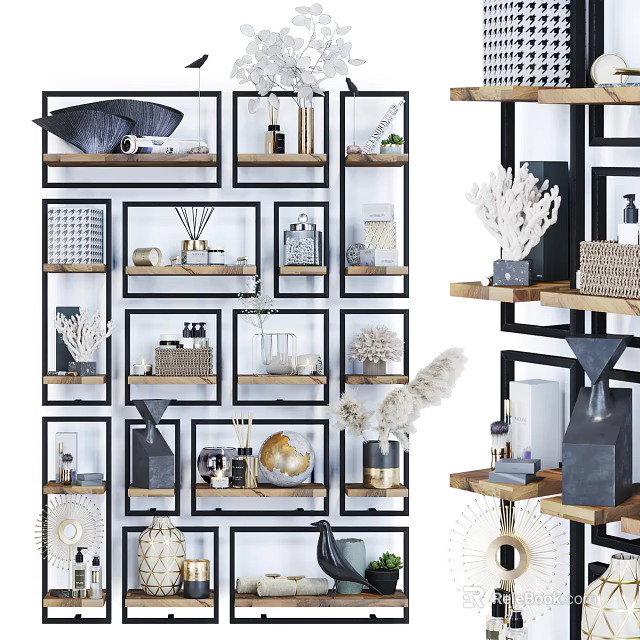 Modern Geometric Frame Bookcase With Decorative Coral Vases Glass Jars Baskets And Plants 3d model 