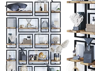 Modern Geometric Frame Bookcase With Decorative Coral Vases Glass Jars Baskets And Plants 3d model