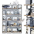 Modern Geometric Frame Bookcase With Decorative Coral Vases Glass Jars Baskets And Plants