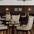 Elegant Restaurant Interior with Ceiling Lights Fans Bar Counter Wine Racks Dining Tables Herringbone Floor