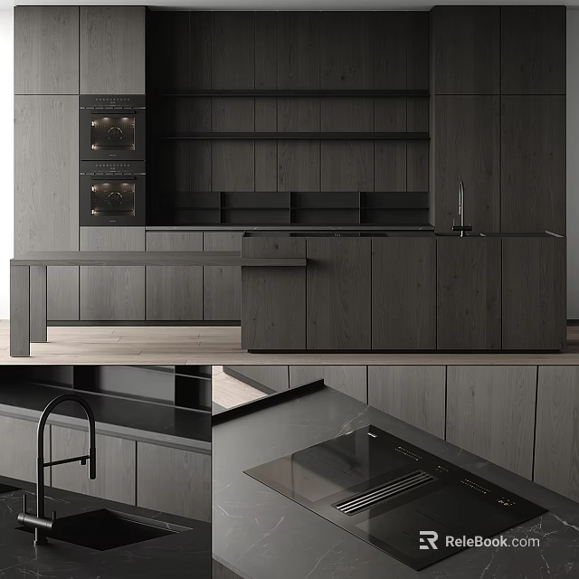 Dark Gray Modern Kitchen Cabinets With Sleek Countertop And Contemporary Interior Design 3d model 