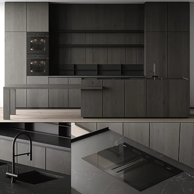 Dark Gray Modern Kitchen Cabinets With Sleek Countertop And Contemporary Interior Design 3d model