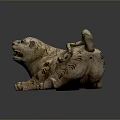 Ancient Style Tiger Sculpture With Intricate Carvings And Curled Tail In Lying Posture