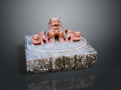 Traditional Stone Carving With Large Lion And Small Cubs On Textured Base 3d model